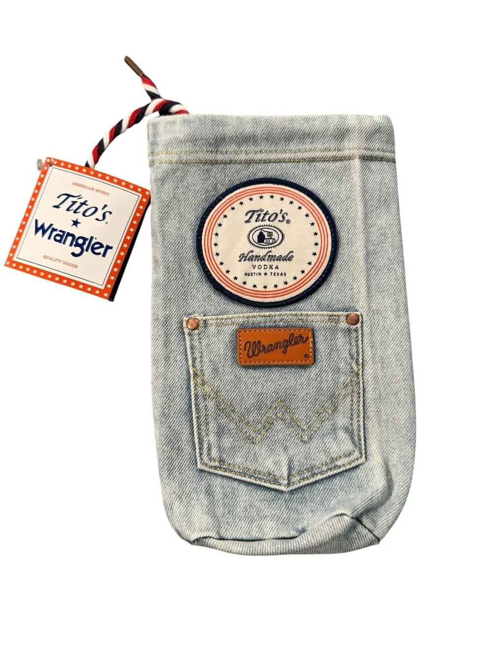 New Tito’s Handmade Vodka Wrangler Denim Drawstring Bottle Bag Promotional Gift